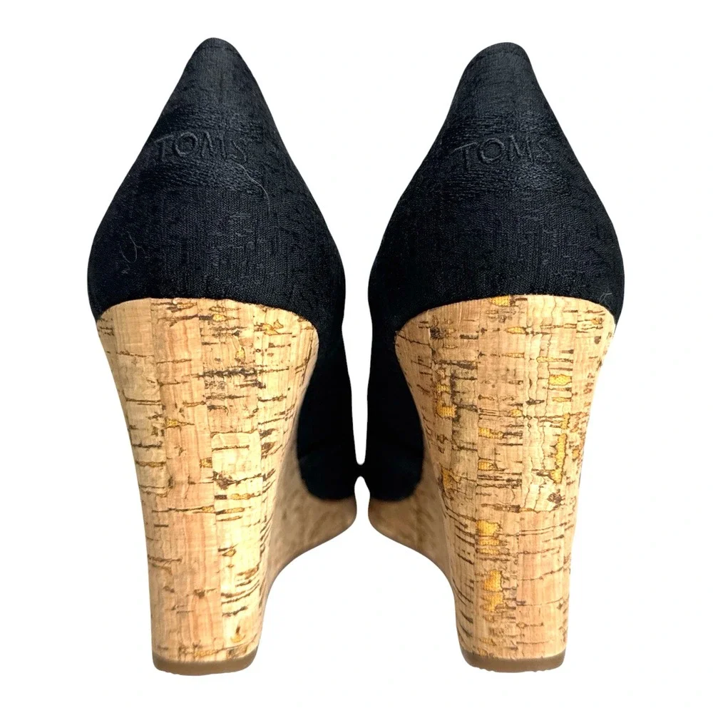 TOMS Black Cork Wedge Sandals Peep Toe Platform Slip On Heels Size 9.5M